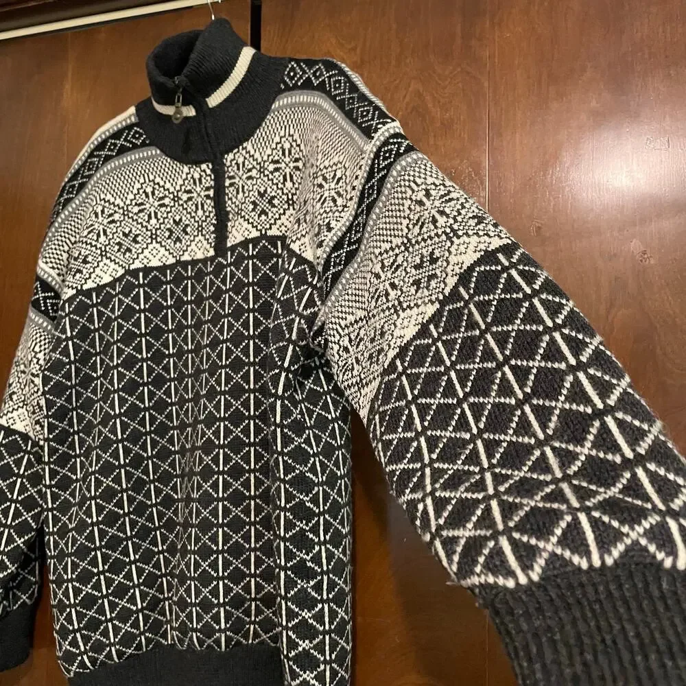 Windfjord Of Norway Wool Fair Isle 1/4 Zip Black White Mens XL Pull Over Sweater